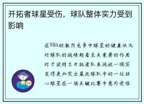开拓者球星受伤，球队整体实力受到影响