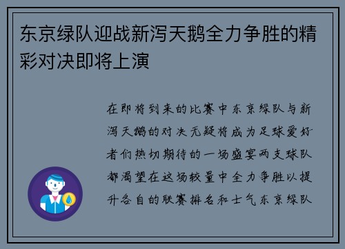 东京绿队迎战新泻天鹅全力争胜的精彩对决即将上演